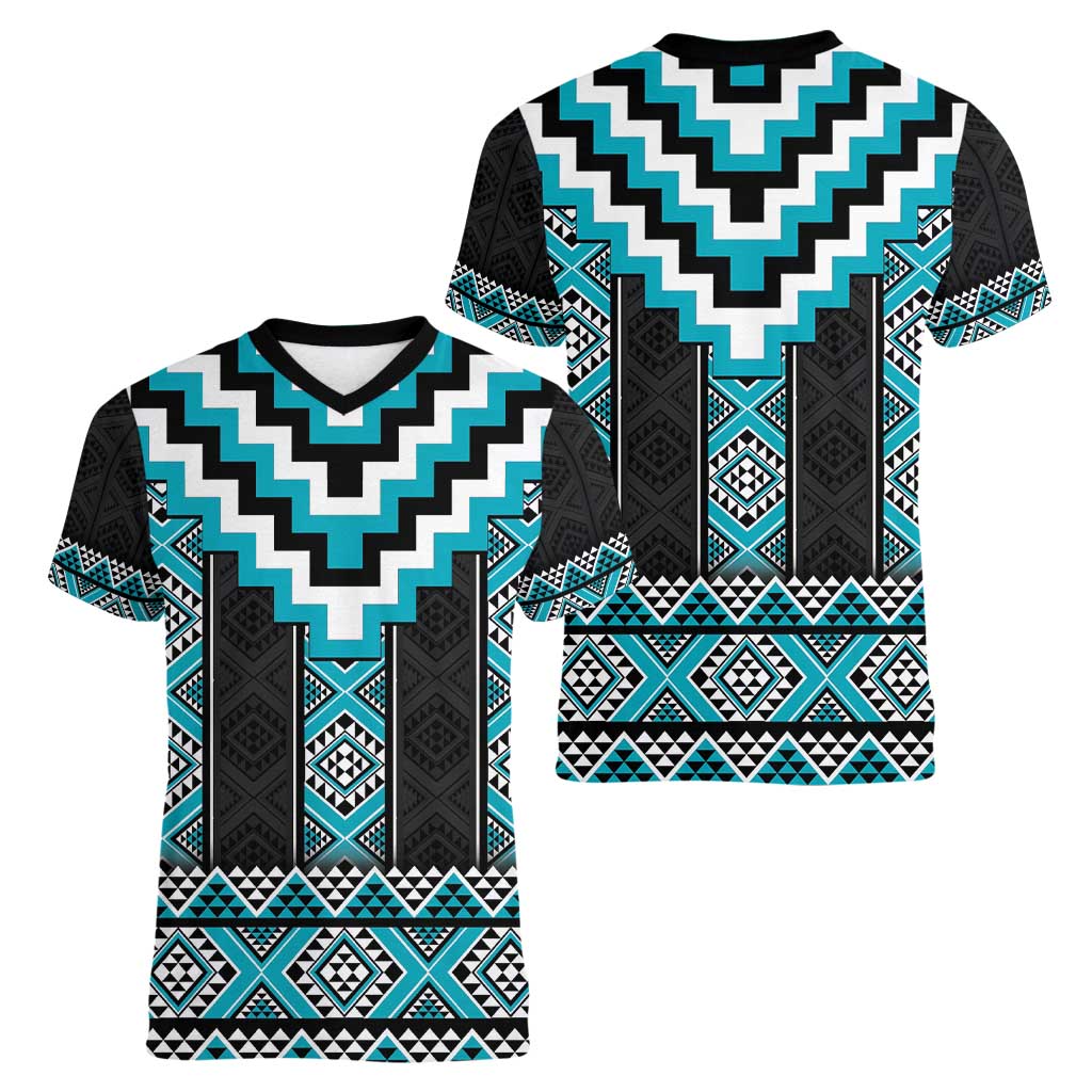 Turquoise Taniko Pattern Aotearoa Women V-Neck T-Shirt Niho Taniwha Mix Poutama LT14