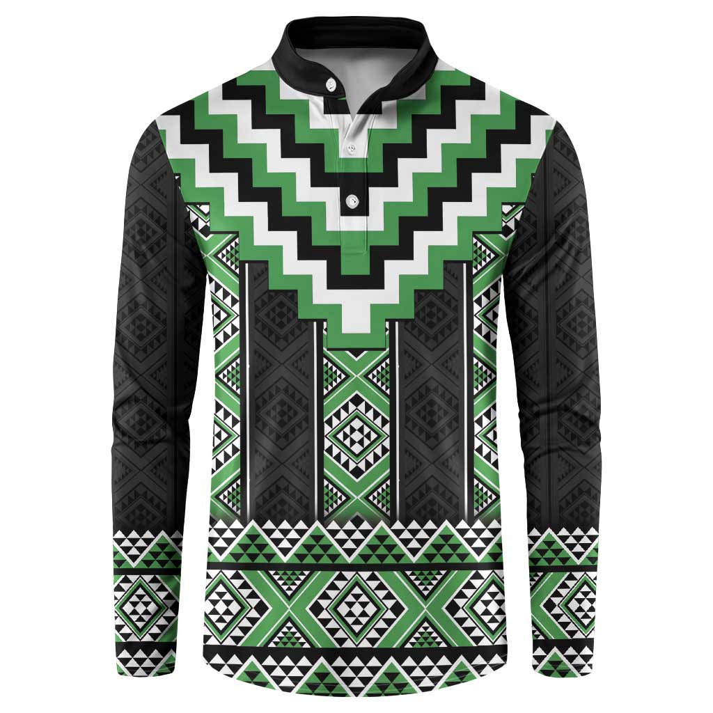Green Taniko Pattern Aotearoa Button Sweatshirt Niho Taniwha Mix Poutama LT14