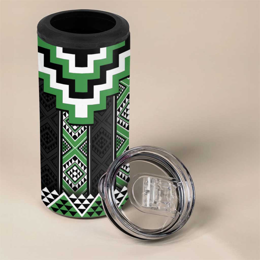 Green Taniko Pattern Aotearoa 4 in 1 Can Cooler Tumbler Niho Taniwha Mix Poutama LT14