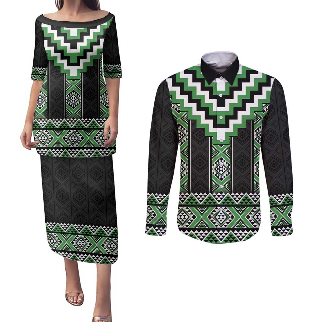 Green Taniko Pattern Aotearoa Couples Matching Puletasi and Long Sleeve Button Shirt Niho Taniwha Mix Poutama LT14