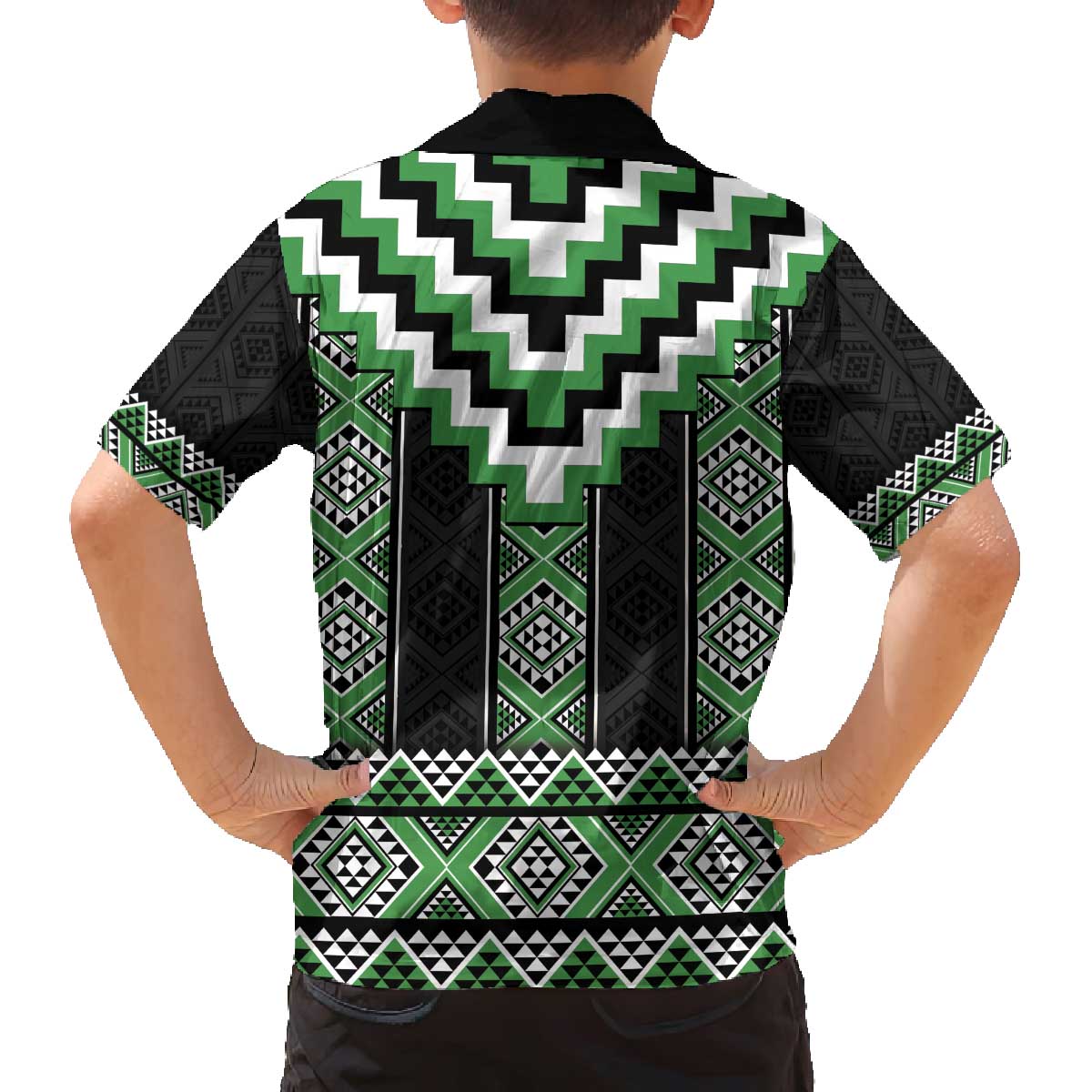Green Taniko Pattern Aotearoa Family Matching Off The Shoulder Long Sleeve Dress and Hawaiian Shirt Niho Taniwha Mix Poutama LT14 - Polynesian Pride