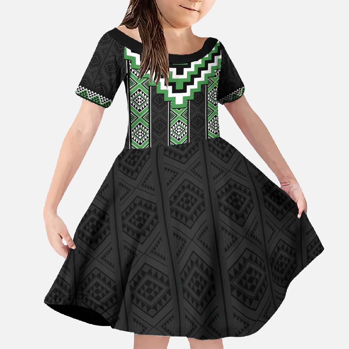 Green Taniko Pattern Aotearoa Family Matching Off The Shoulder Long Sleeve Dress and Hawaiian Shirt Niho Taniwha Mix Poutama LT14 Daughter's Dress Green - Polynesian Pride