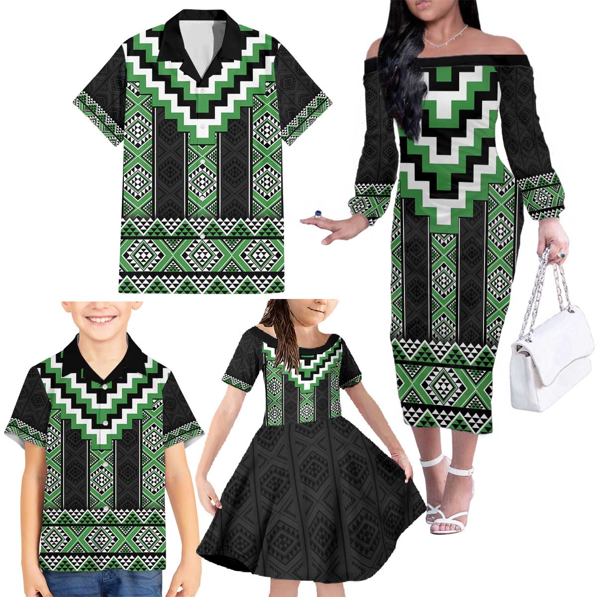 Green Taniko Pattern Aotearoa Family Matching Off The Shoulder Long Sleeve Dress and Hawaiian Shirt Niho Taniwha Mix Poutama LT14 - Polynesian Pride