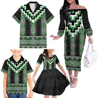 Green Taniko Pattern Aotearoa Family Matching Off The Shoulder Long Sleeve Dress and Hawaiian Shirt Niho Taniwha Mix Poutama LT14 - Polynesian Pride