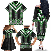Green Taniko Pattern Aotearoa Family Matching Off The Shoulder Long Sleeve Dress and Hawaiian Shirt Niho Taniwha Mix Poutama LT14 - Polynesian Pride