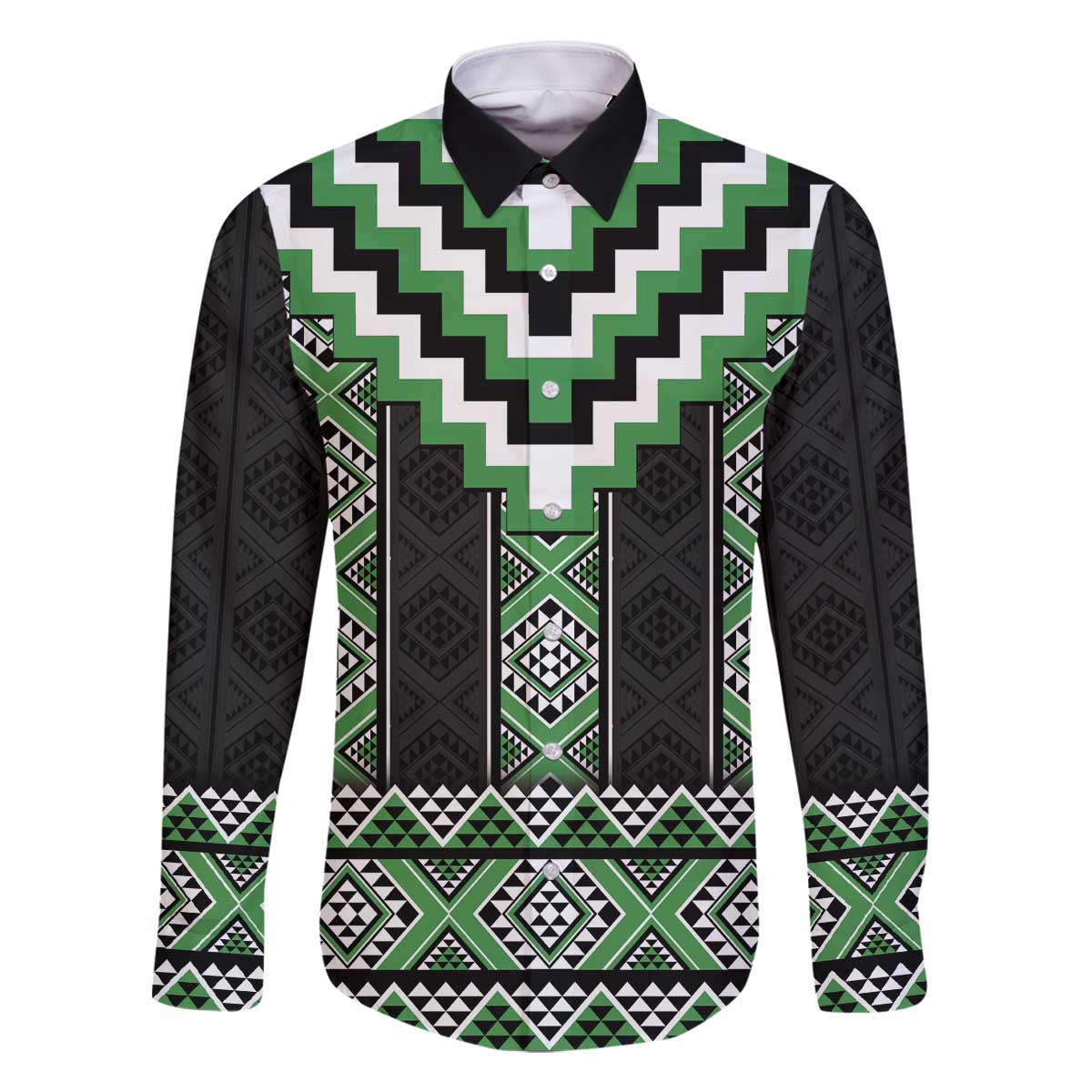 Green Taniko Pattern Aotearoa Family Matching Off The Shoulder Long Sleeve Dress and Hawaiian Shirt Niho Taniwha Mix Poutama LT14 Dad's Shirt - Long Sleeve Green - Polynesian Pride