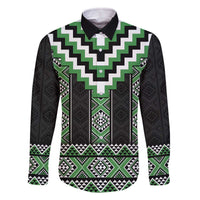Green Taniko Pattern Aotearoa Family Matching Off The Shoulder Long Sleeve Dress and Hawaiian Shirt Niho Taniwha Mix Poutama LT14 Dad's Shirt - Long Sleeve Green - Polynesian Pride