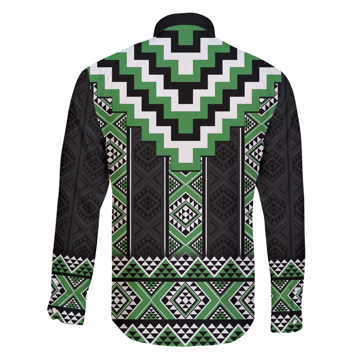 Green Taniko Pattern Aotearoa Family Matching Off The Shoulder Long Sleeve Dress and Hawaiian Shirt Niho Taniwha Mix Poutama LT14 - Polynesian Pride