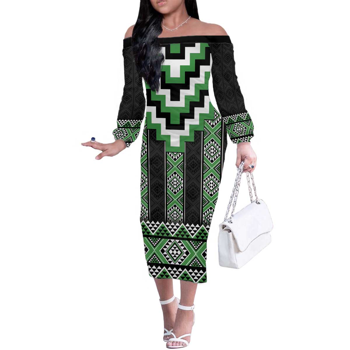 Green Taniko Pattern Aotearoa Family Matching Off The Shoulder Long Sleeve Dress and Hawaiian Shirt Niho Taniwha Mix Poutama LT14 Mom's Dress Green - Polynesian Pride