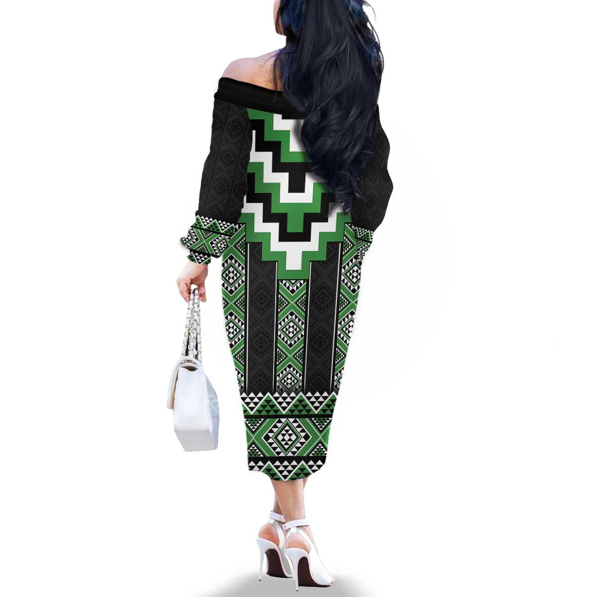 Green Taniko Pattern Aotearoa Family Matching Off The Shoulder Long Sleeve Dress and Hawaiian Shirt Niho Taniwha Mix Poutama LT14 - Polynesian Pride