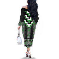 Green Taniko Pattern Aotearoa Family Matching Off The Shoulder Long Sleeve Dress and Hawaiian Shirt Niho Taniwha Mix Poutama LT14 - Polynesian Pride