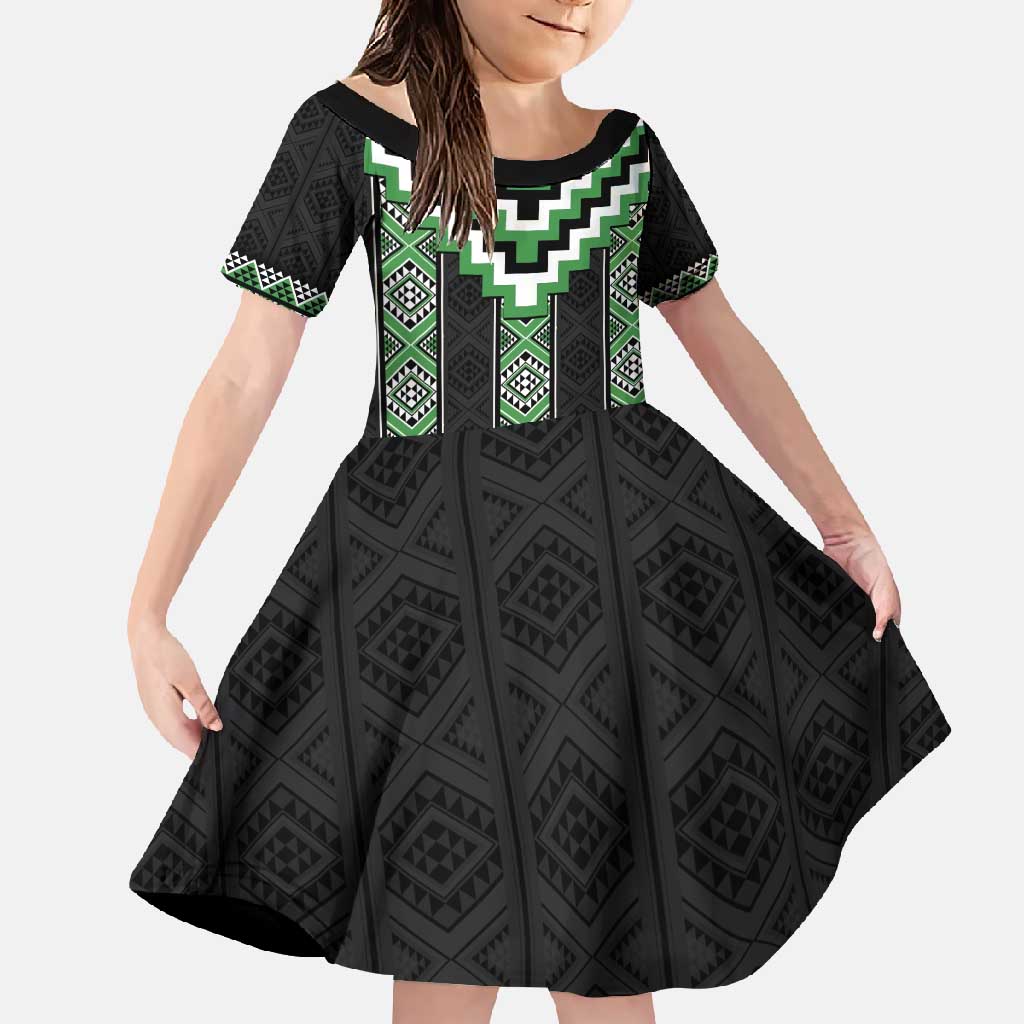 Green Taniko Pattern Aotearoa Family Matching Short Sleeve Bodycon Dress and Hawaiian Shirt Niho Taniwha Mix Poutama LT14 Daughter's Dress Green - Polynesian Pride