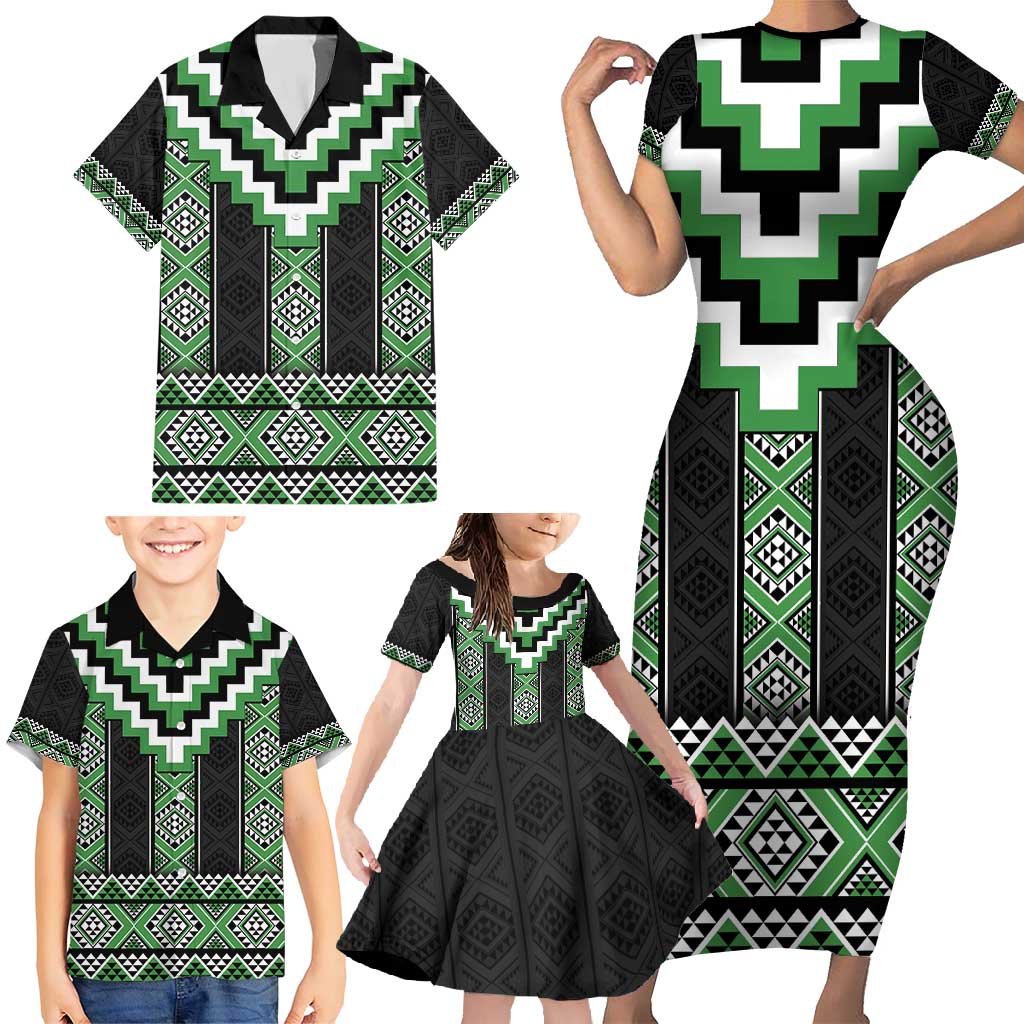 Green Taniko Pattern Aotearoa Family Matching Short Sleeve Bodycon Dress and Hawaiian Shirt Niho Taniwha Mix Poutama LT14 - Polynesian Pride