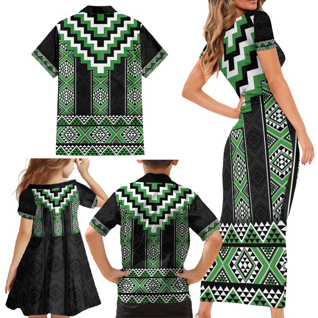 Green Taniko Pattern Aotearoa Family Matching Short Sleeve Bodycon Dress and Hawaiian Shirt Niho Taniwha Mix Poutama LT14 - Polynesian Pride