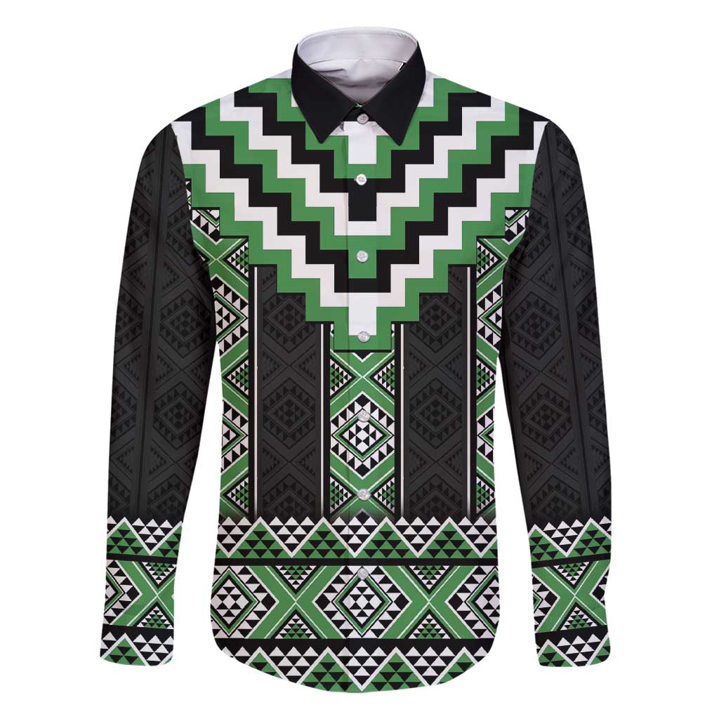 Green Taniko Pattern Aotearoa Family Matching Short Sleeve Bodycon Dress and Hawaiian Shirt Niho Taniwha Mix Poutama LT14 Dad's Shirt - Long Sleeve Green - Polynesian Pride