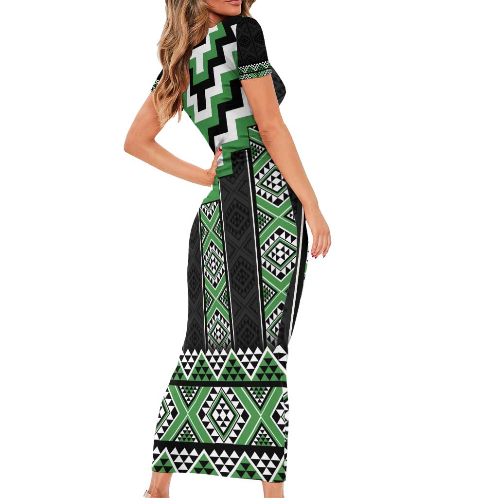 Green Taniko Pattern Aotearoa Family Matching Short Sleeve Bodycon Dress and Hawaiian Shirt Niho Taniwha Mix Poutama LT14 - Polynesian Pride