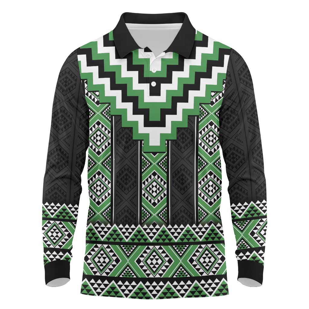 Green Taniko Pattern Aotearoa Long Sleeve Polo Shirt Niho Taniwha Mix Poutama LT14
