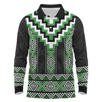 Green Taniko Pattern Aotearoa Long Sleeve Polo Shirt Niho Taniwha Mix Poutama LT14