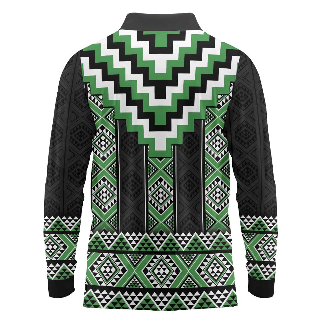 Green Taniko Pattern Aotearoa Long Sleeve Polo Shirt Niho Taniwha Mix Poutama LT14