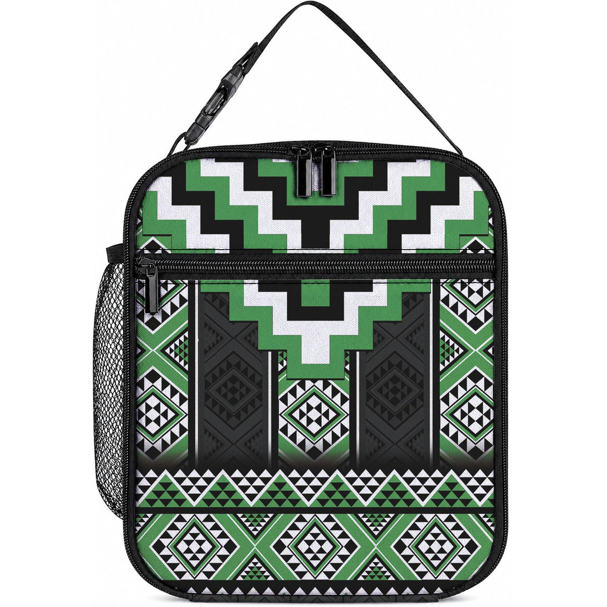 Green Taniko Motifs Aotearoa Lunch Bag Niho Taniwha Mix Poutama LT14 10.2 × 8.3 × 4.3 inch Green - Polynesian Pride