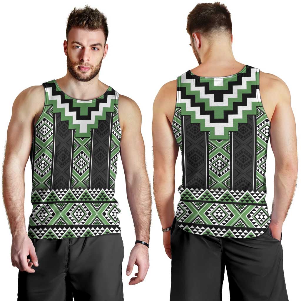 Green Taniko Pattern Aotearoa Men Tank Top Niho Taniwha Mix Poutama LT14