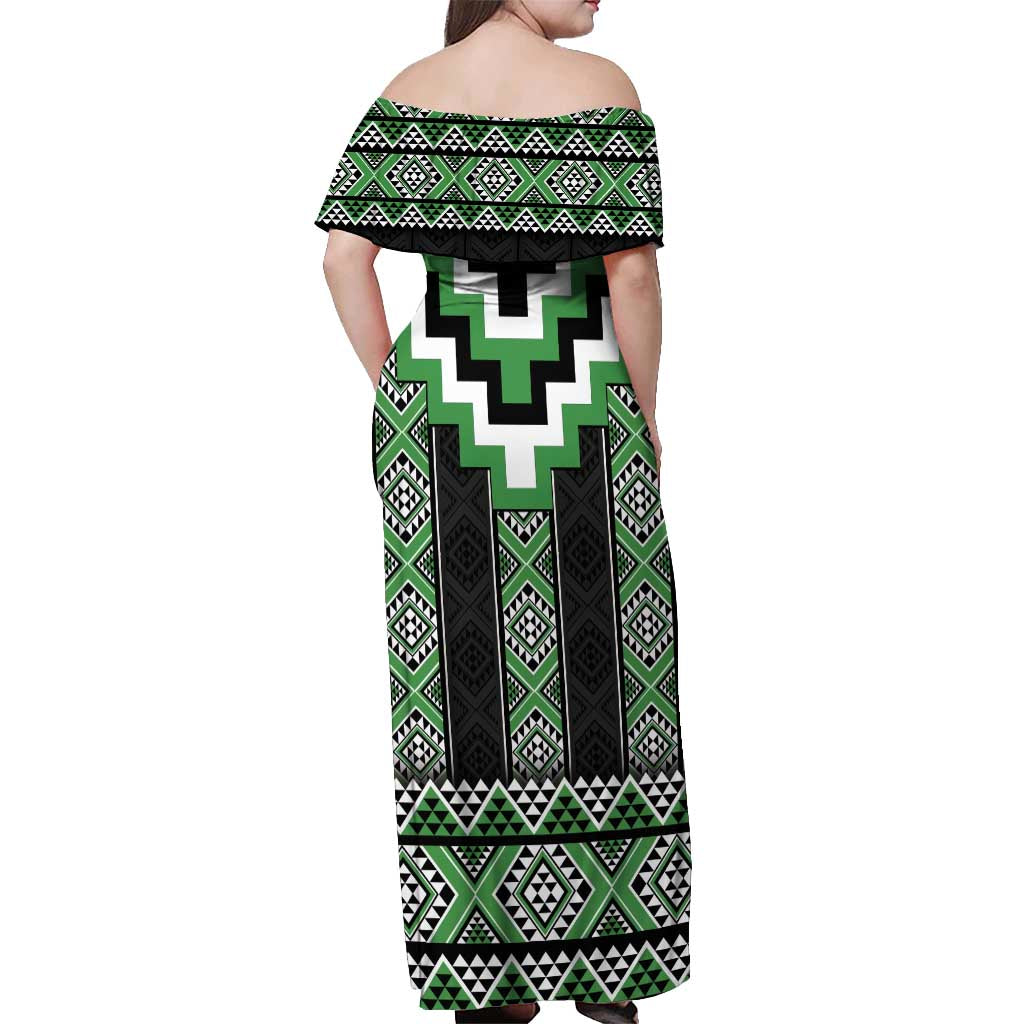 Green Taniko Pattern Aotearoa Off Shoulder Maxi Dress Niho Taniwha Mix Poutama LT14 - Polynesian Pride