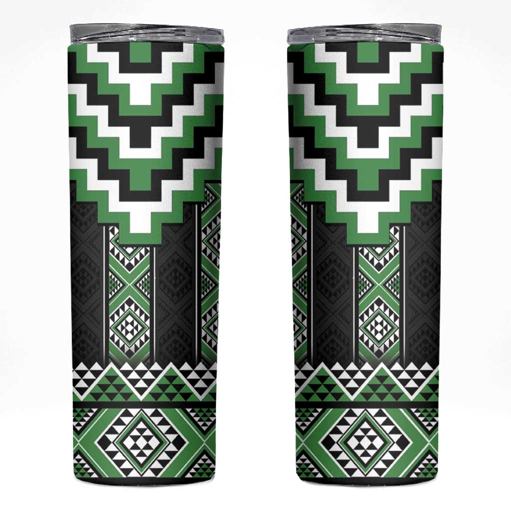 Green Taniko Pattern Aotearoa Skinny Tumbler Niho Taniwha Mix Poutama LT14 Green - Polynesian Pride