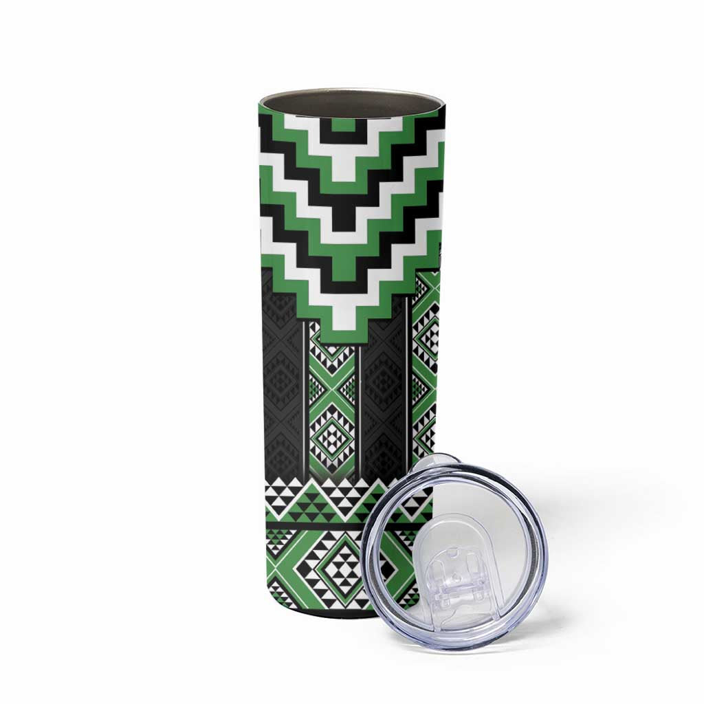 Green Taniko Pattern Aotearoa Skinny Tumbler Niho Taniwha Mix Poutama LT14 - Polynesian Pride