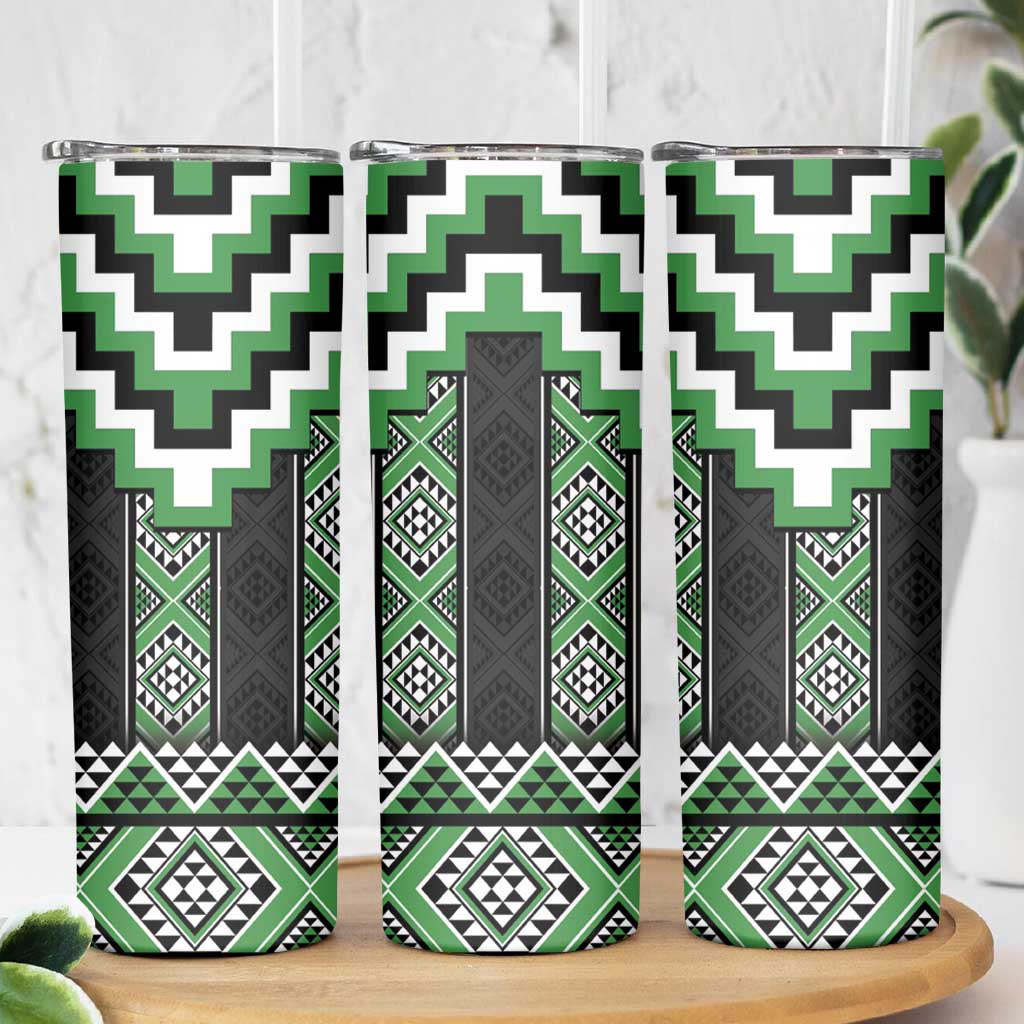 Green Taniko Pattern Aotearoa Skinny Tumbler Niho Taniwha Mix Poutama LT14 - Polynesian Pride