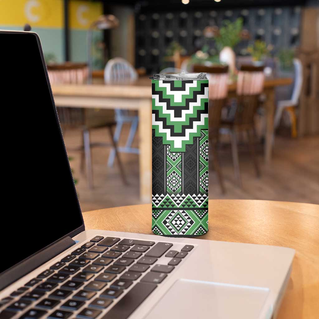 Green Taniko Pattern Aotearoa Skinny Tumbler Niho Taniwha Mix Poutama LT14 - Polynesian Pride