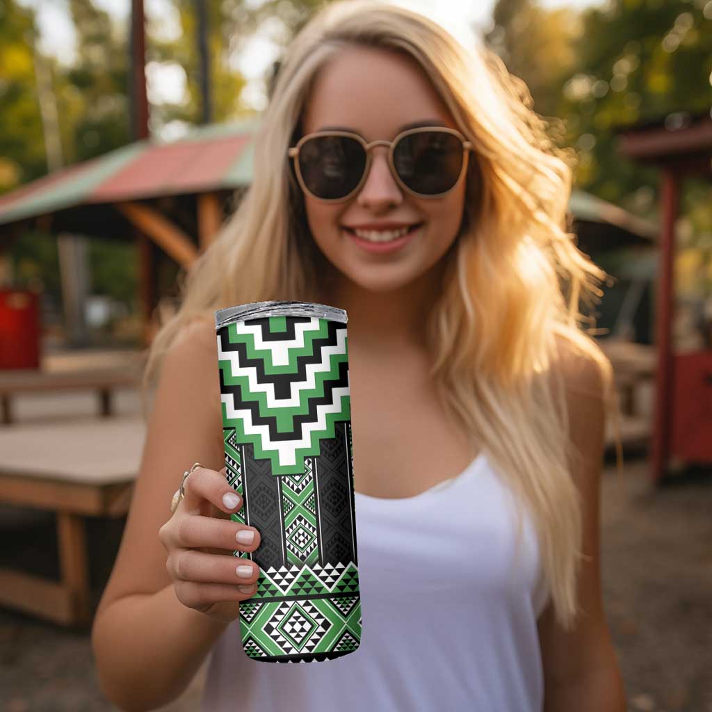 Green Taniko Pattern Aotearoa Skinny Tumbler Niho Taniwha Mix Poutama LT14 - Polynesian Pride