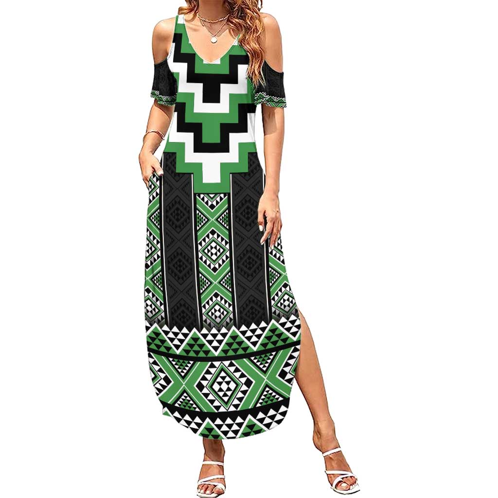 Green Taniko Pattern Aotearoa Summer Maxi Dress Niho Taniwha Mix Poutama LT14 Women Green - Polynesian Pride