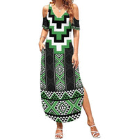 Green Taniko Pattern Aotearoa Summer Maxi Dress Niho Taniwha Mix Poutama LT14 Women Green - Polynesian Pride
