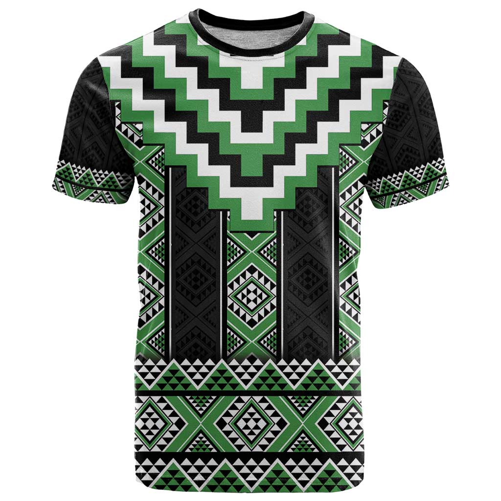 Green Taniko Pattern Aotearoa T Shirt Niho Taniwha Mix Poutama LT14