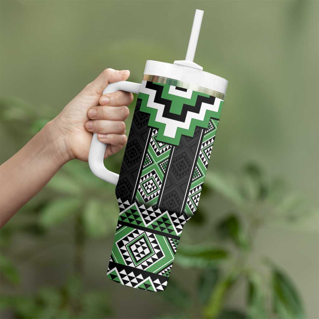 Green Taniko Pattern Aotearoa Tumbler With Handle Niho Taniwha Mix Poutama LT14