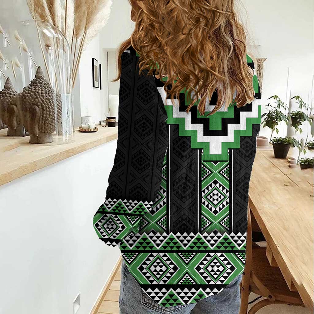 Green Taniko Pattern Aotearoa Women Casual Shirt Niho Taniwha Mix Poutama LT14 - Polynesian Pride
