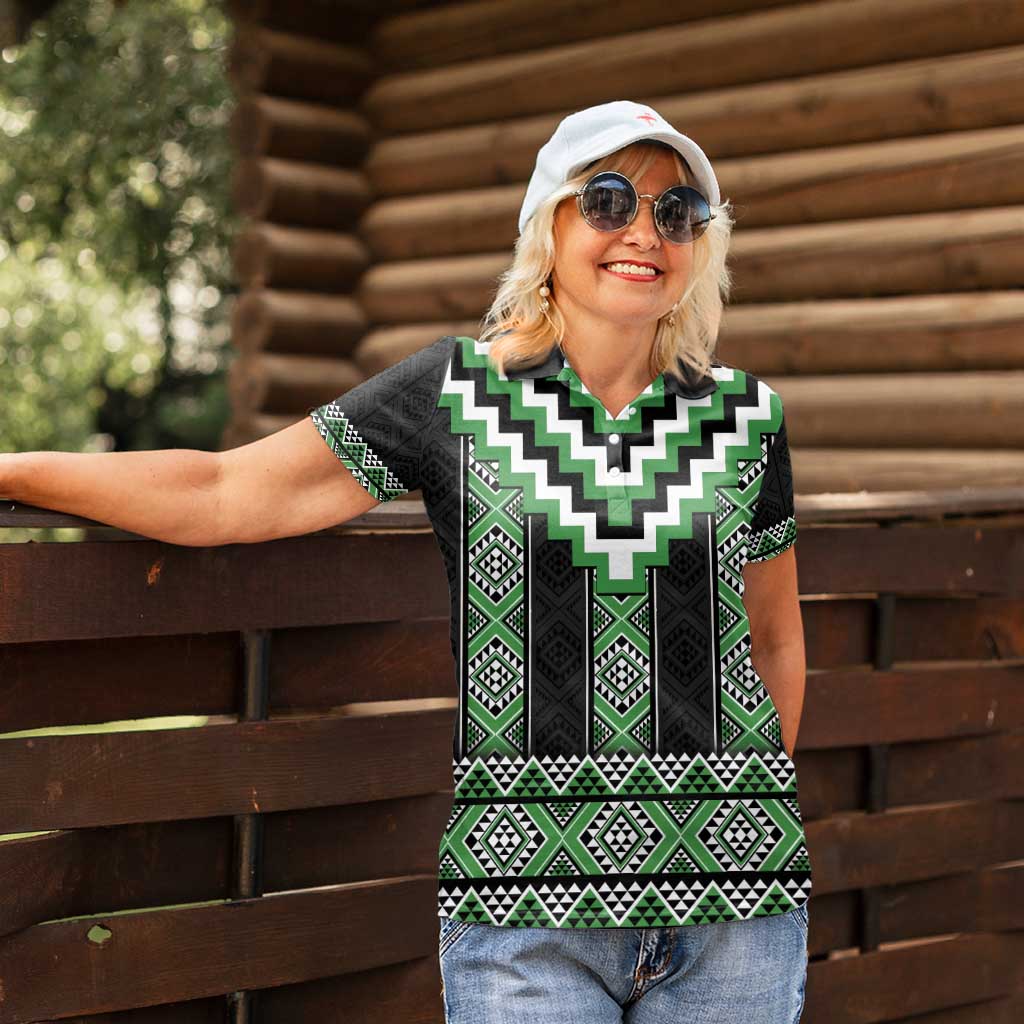 Green Taniko Pattern Aotearoa Women Polo Shirt Niho Taniwha Mix Poutama LT14