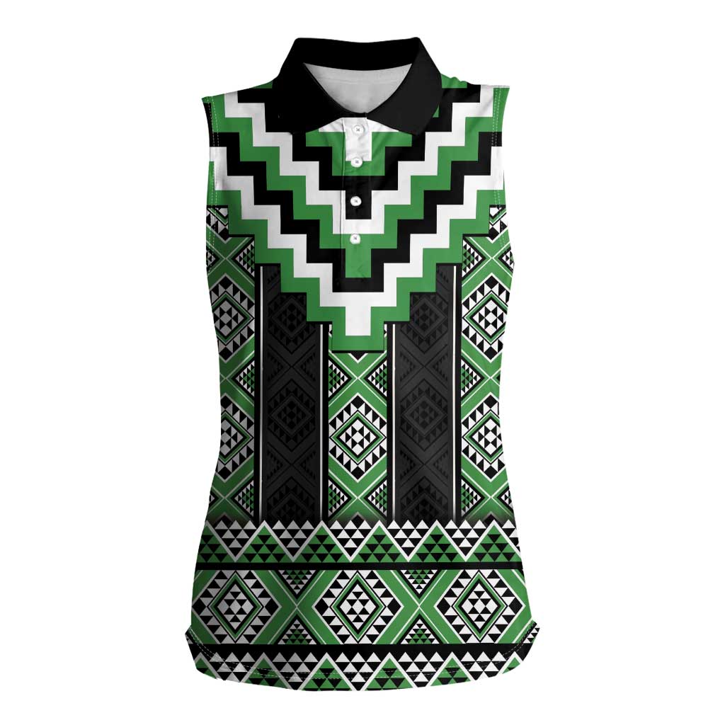 Green Taniko Pattern Aotearoa Women Sleeveless Polo Shirt Niho Taniwha Mix Poutama LT14