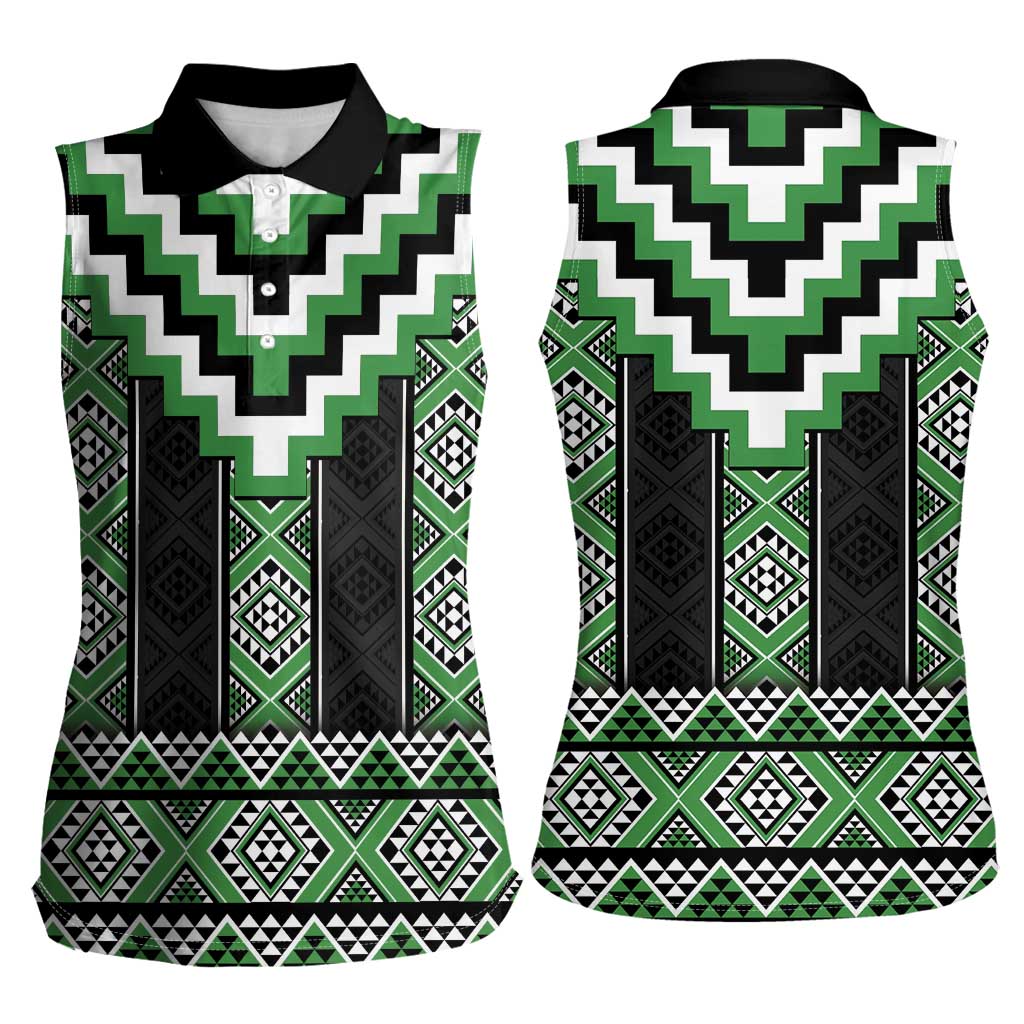 Green Taniko Pattern Aotearoa Women Sleeveless Polo Shirt Niho Taniwha Mix Poutama LT14