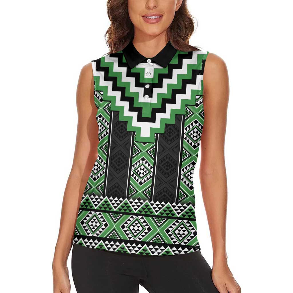 Green Taniko Pattern Aotearoa Women Sleeveless Polo Shirt Niho Taniwha Mix Poutama LT14