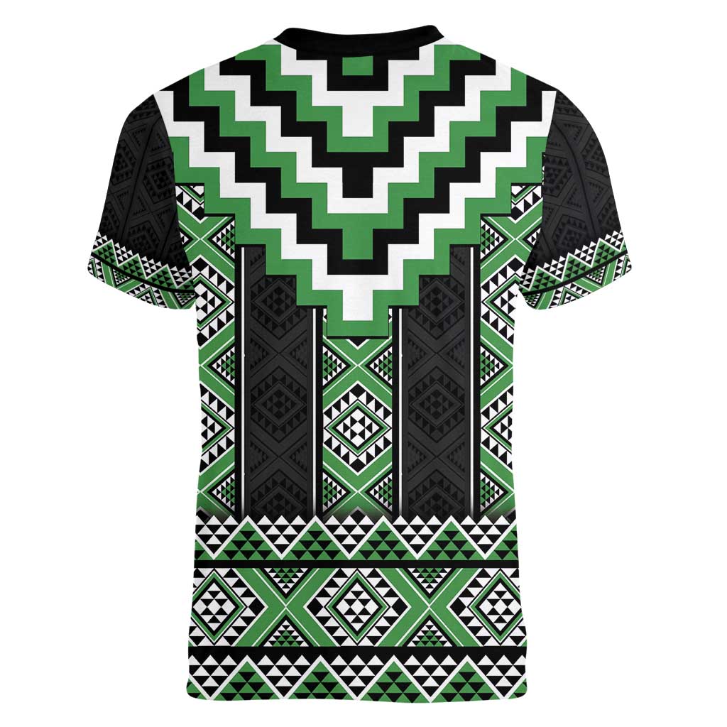 Green Taniko Pattern Aotearoa Women V-Neck T-Shirt Niho Taniwha Mix Poutama LT14