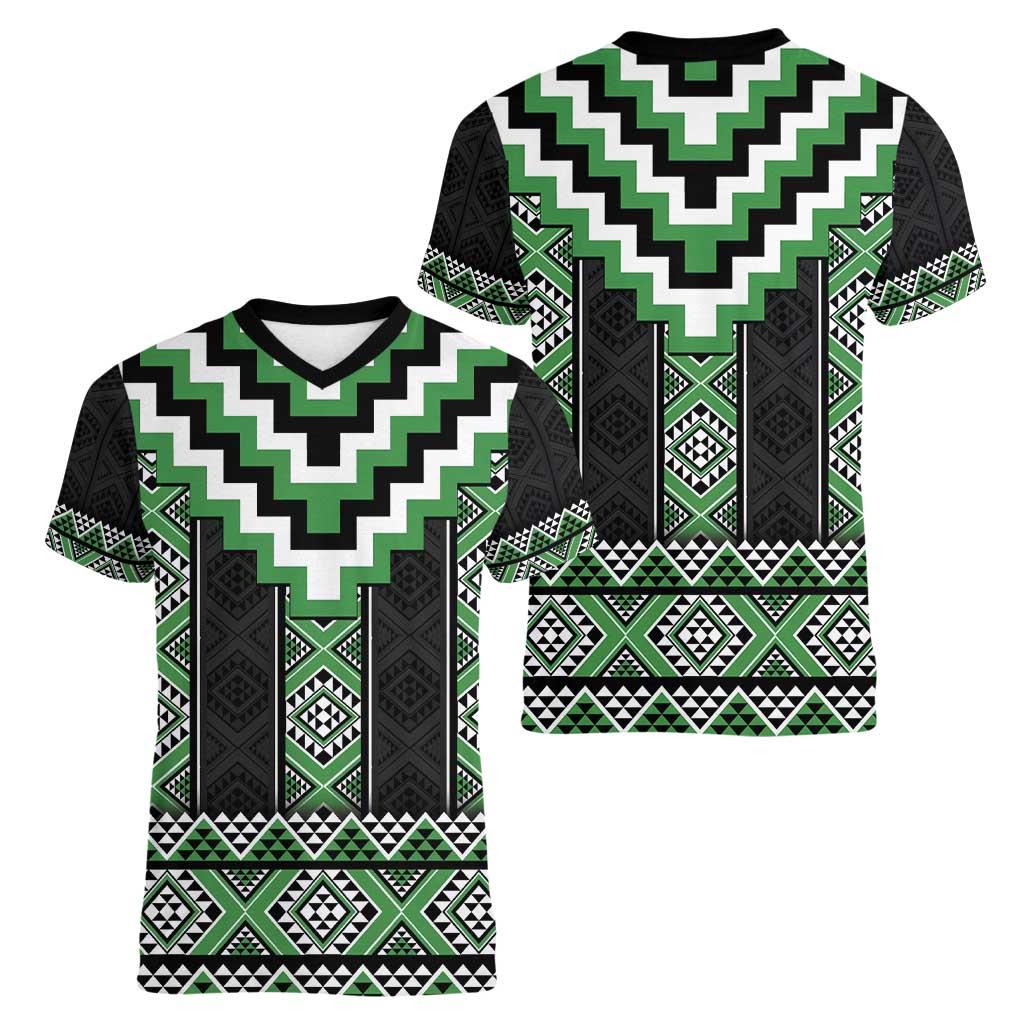 Green Taniko Pattern Aotearoa Women V-Neck T-Shirt Niho Taniwha Mix Poutama LT14