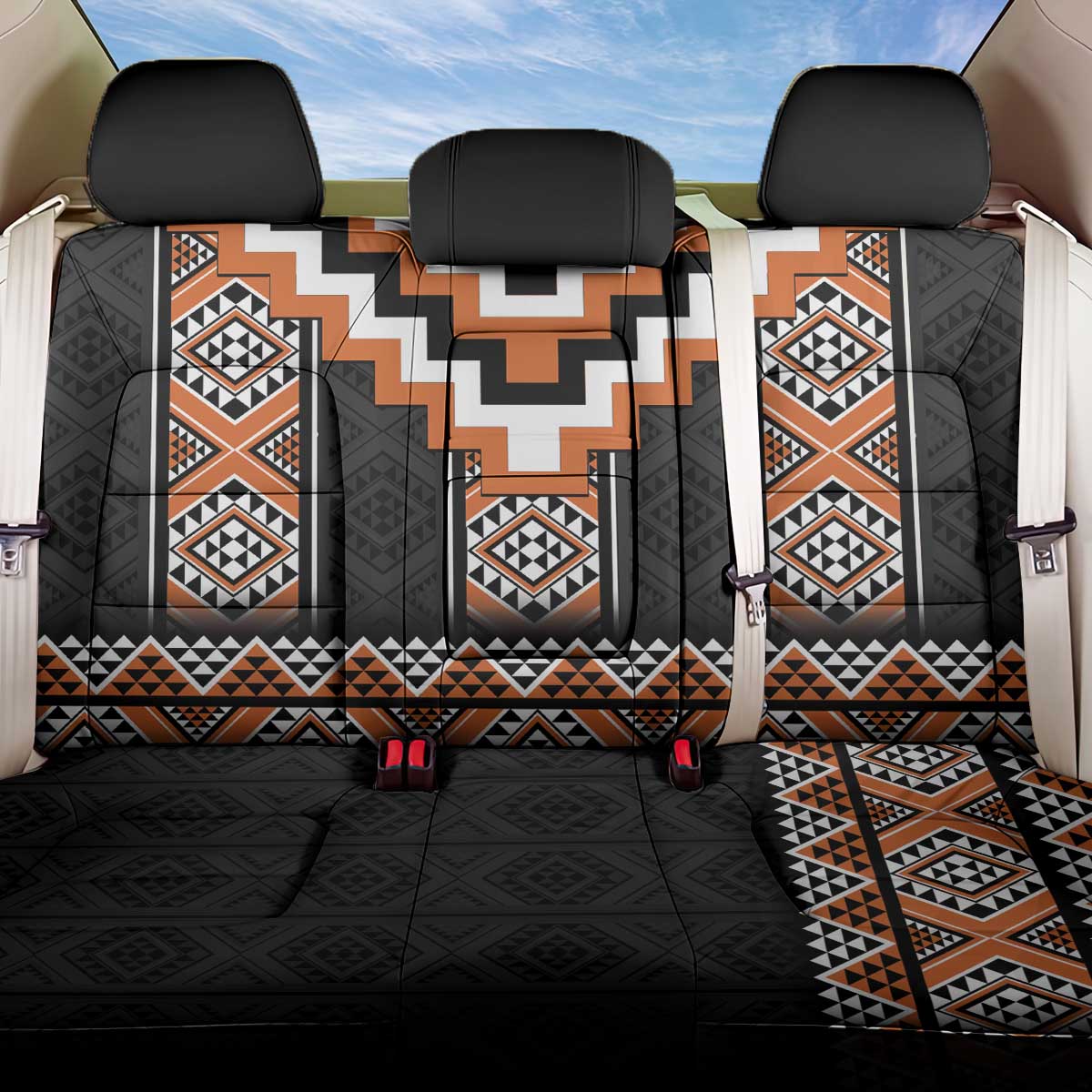 Orange Taniko Pattern Aotearoa Back Car Seat Cover Niho Taniwha Mix Poutama LT14 One Size Orange - Polynesian Pride