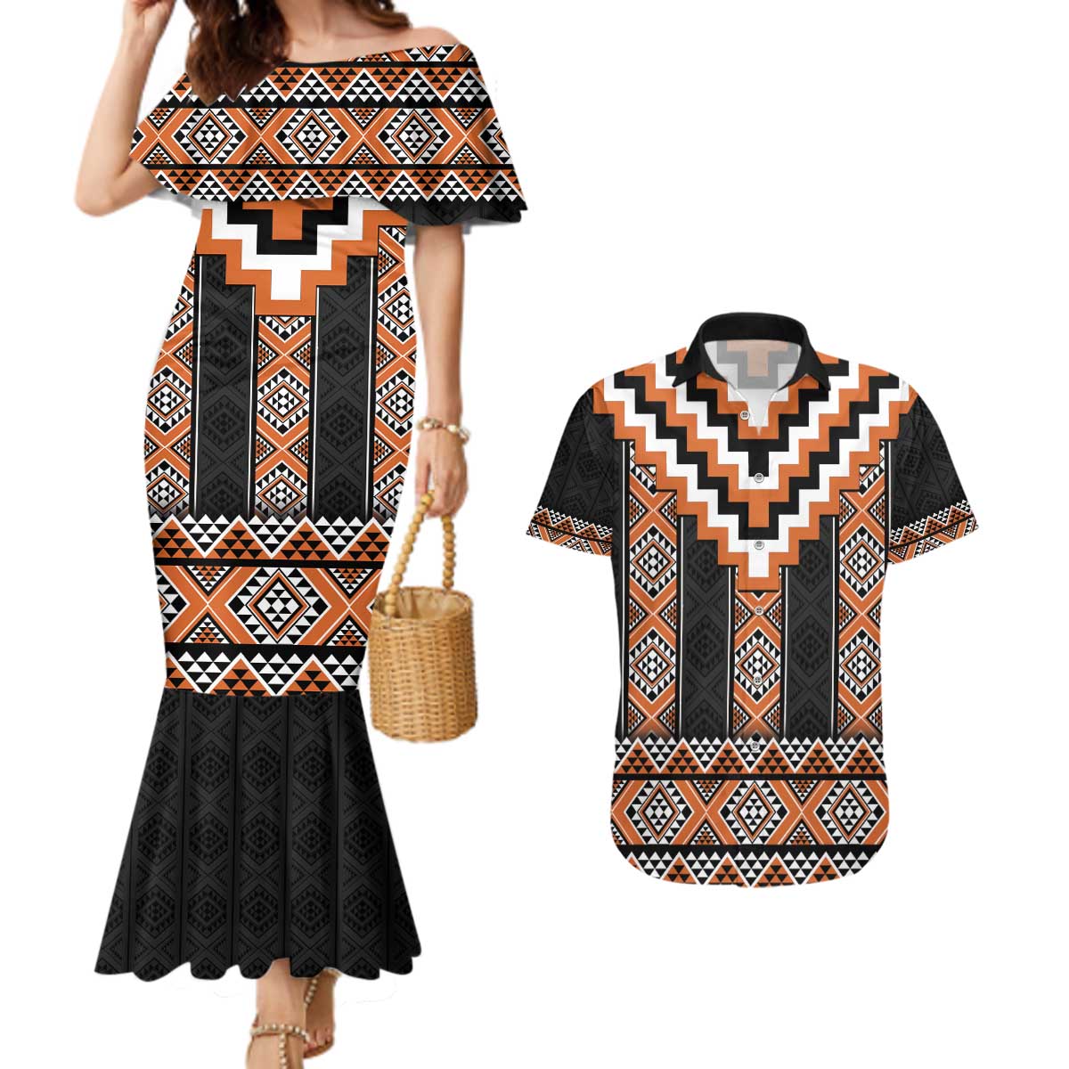 Orange Taniko Pattern Aotearoa Couples Matching Mermaid Dress and Hawaiian Shirt Niho Taniwha Mix Poutama LT14 Orange - Polynesian Pride