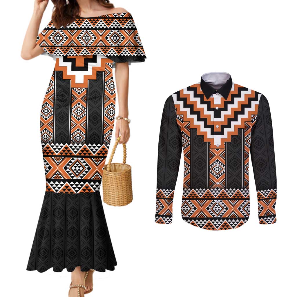 Orange Taniko Pattern Aotearoa Couples Matching Mermaid Dress and Long Sleeve Button Shirt Niho Taniwha Mix Poutama LT14 Orange - Polynesian Pride