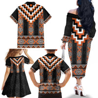 Orange Taniko Pattern Aotearoa Family Matching Off The Shoulder Long Sleeve Dress and Hawaiian Shirt Niho Taniwha Mix Poutama LT14
