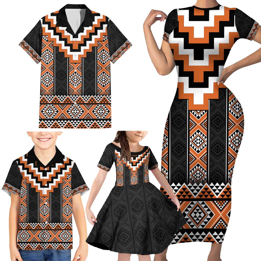 Orange Taniko Pattern Aotearoa Family Matching Short Sleeve Bodycon Dress and Hawaiian Shirt Niho Taniwha Mix Poutama LT14 - Polynesian Pride