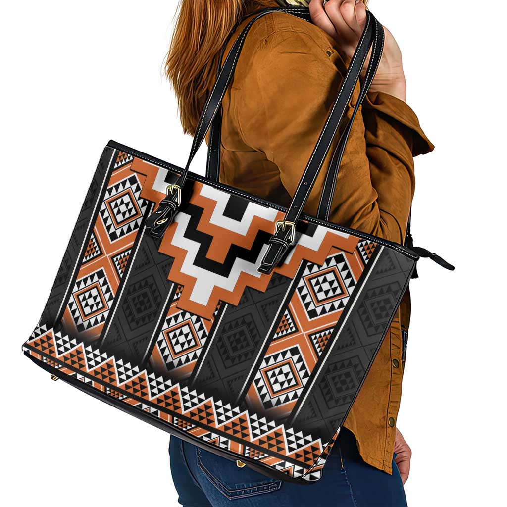 Orange Taniko Pattern Aotearoa Leather Tote Bag Niho Taniwha Mix Poutama