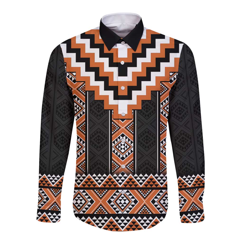 Orange Taniko Pattern Aotearoa Long Sleeve Button Shirt Niho Taniwha Mix Poutama LT14 Unisex Orange - Polynesian Pride