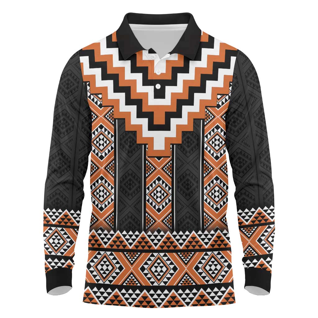 Orange Taniko Pattern Aotearoa Long Sleeve Polo Shirt Niho Taniwha Mix Poutama LT14